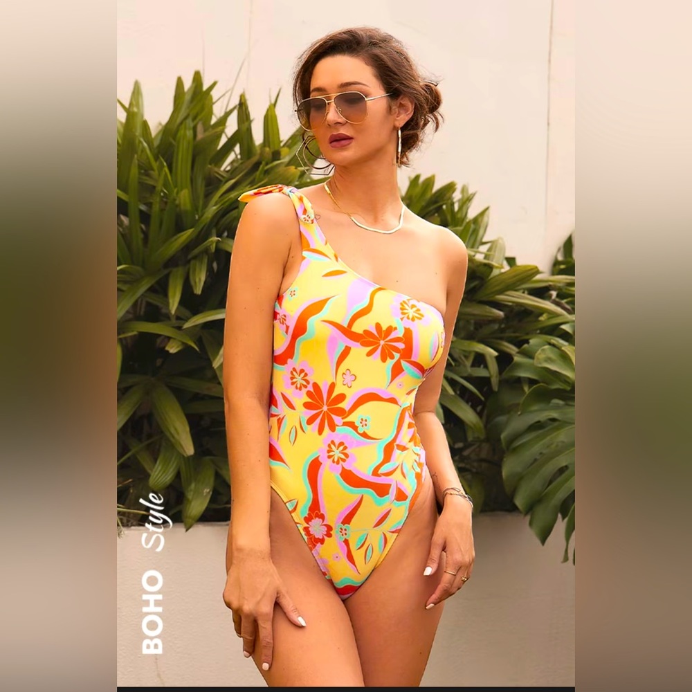 Retro Daisy Print Knotted One-Shoulder One Piece Swimsuit